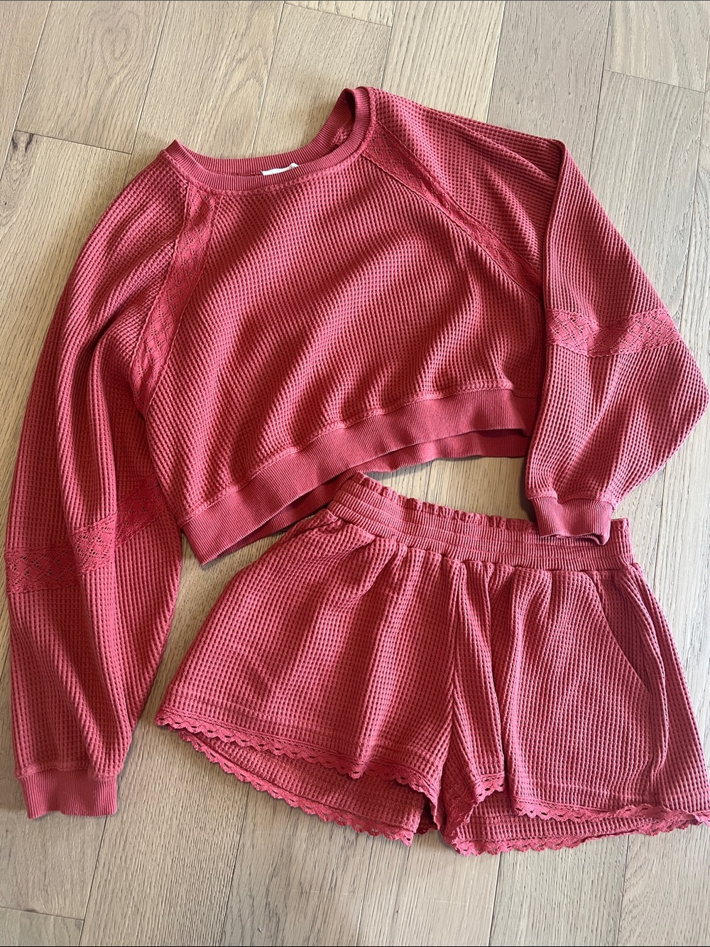 Altar'd State Raspberry Waffle Knit Cropped Sweatshirt